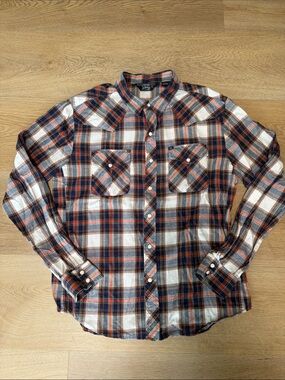 Salt Valley Western Plaid Button-Down Shirt - Navy, White & Orange